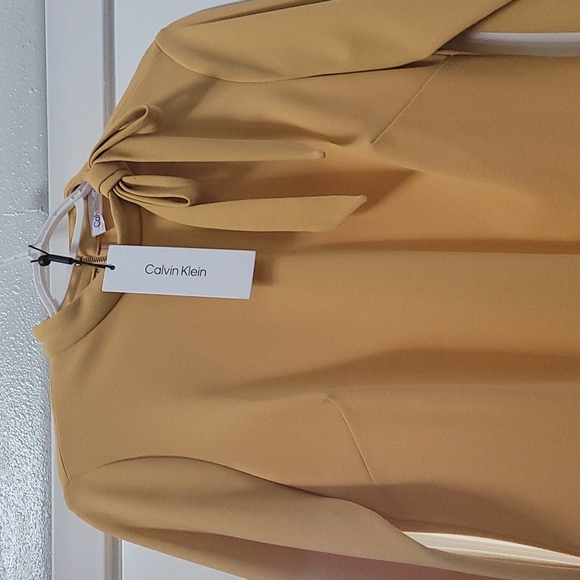 Calvin Klein Long Sleeve Bow Tie Yellow Sheath Dress Size 4 - Picture 5 of 12